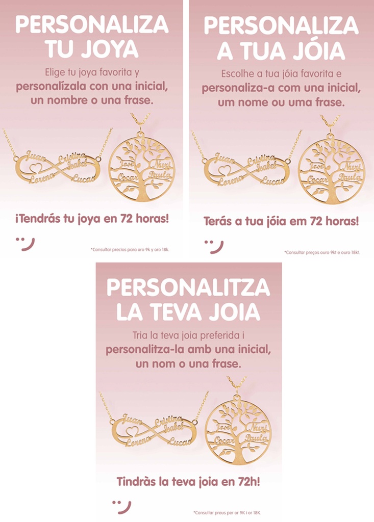 Pack 1 Cartel A4 y 2 carteles A7 "Personaliza tu joya" Español, Catalán y Portugués