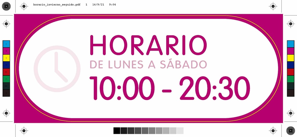 Pack 2 vinilos "horario de invierno seguido" de 10 a 20:30h. Español