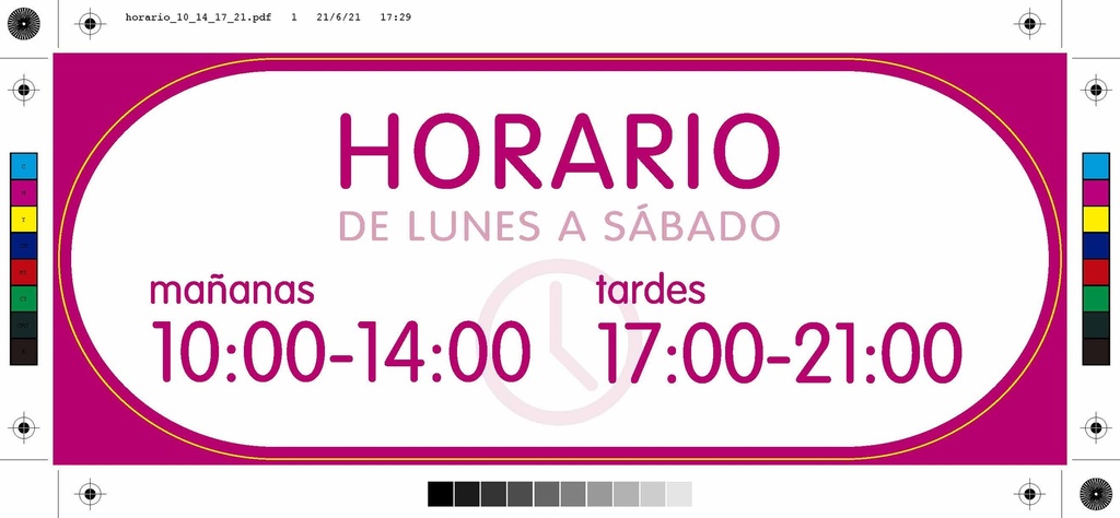 Pack 2 vinilos "horario de verano partido" de 10 a 14h. y 17 a 21h. Español