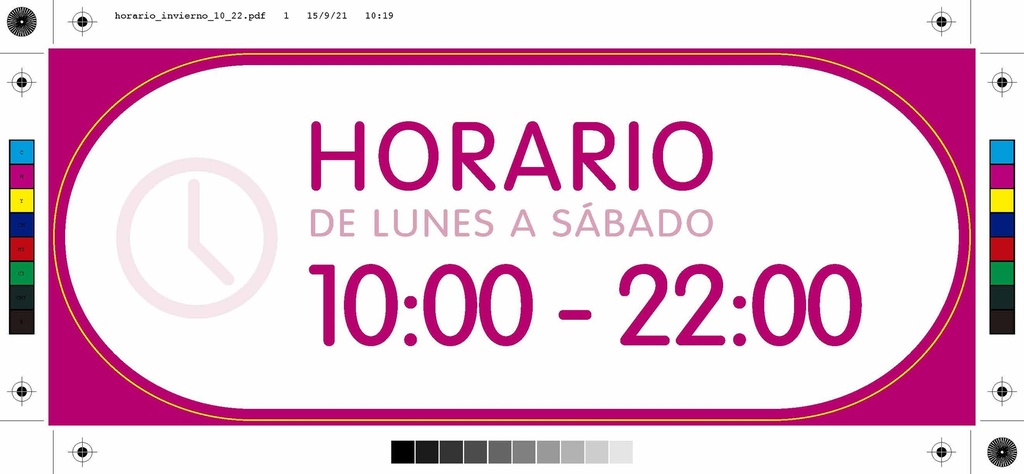 Pack 2 vinilos "horario seguido" de 10 a 22h. Español